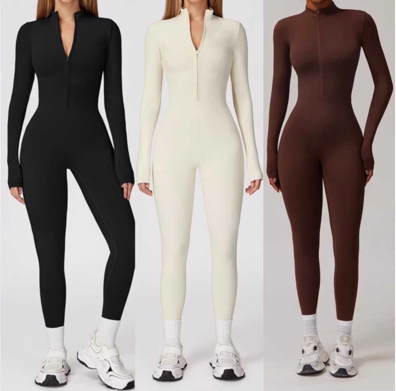 Combinaison de sport sculptante noire à zip – Femme