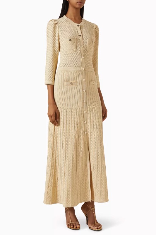 Robe Sandro en maille ajourée beige manches longues quality 1 